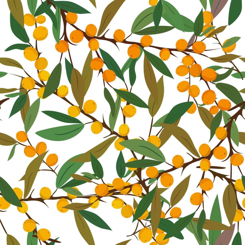 seamless summer pattern green leaves and yellow sea buckthorn berries. botanical design for textile, wrapping, and natural decor vector