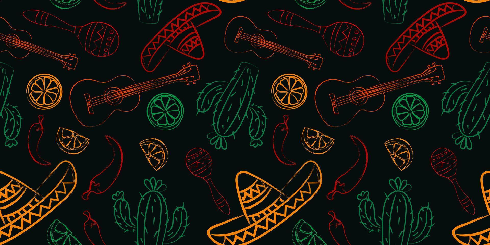 Neon Mexican seamless pattern on black background. Cinco de Mayo festive design with sombrero, maracas, cactus, chili pepper, guitar, and lime in glowing sketch style vector