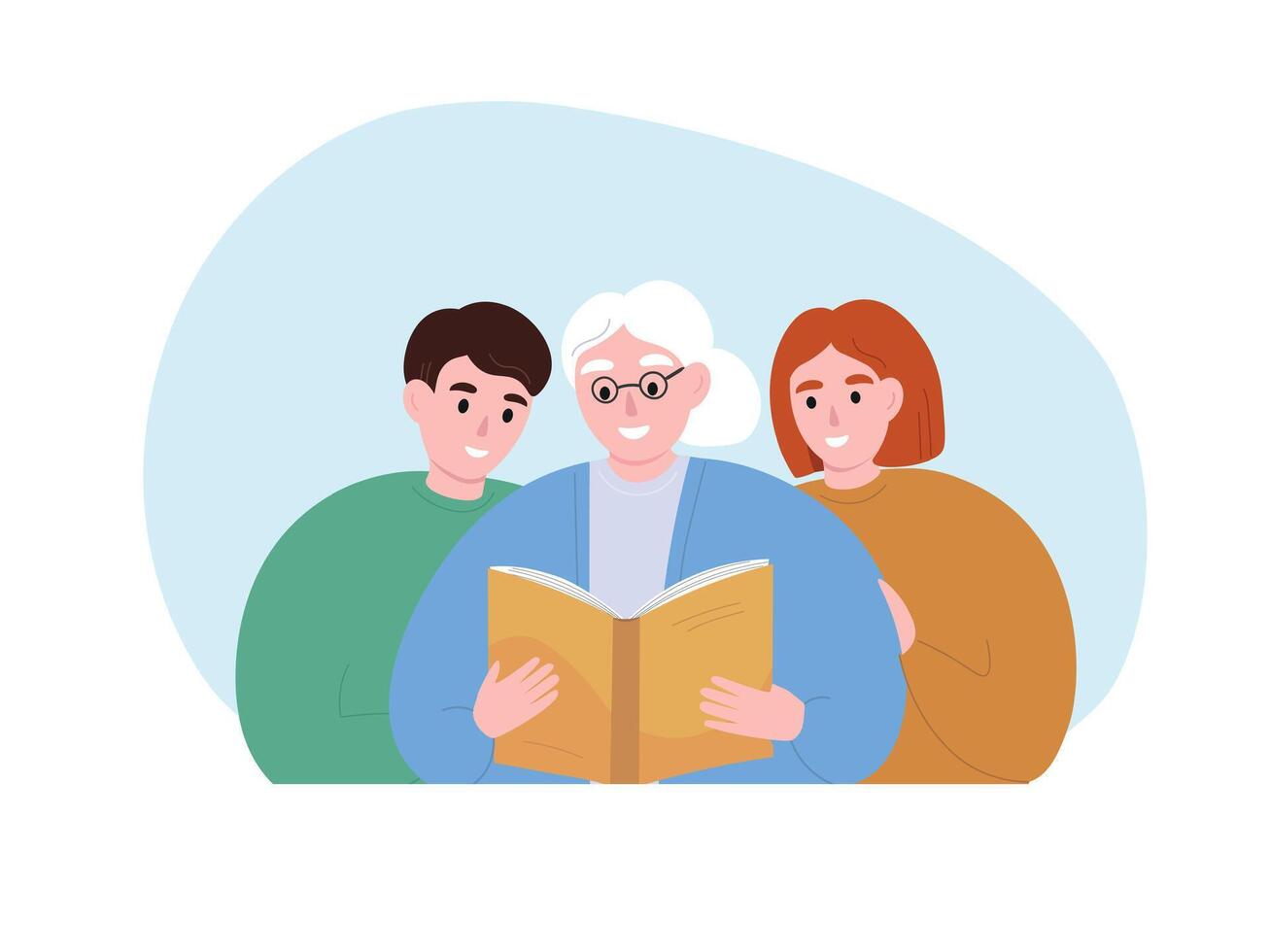 Grandmother reading to grandchildren. Elderly woman holding book, teaching children. flat graphics. vector