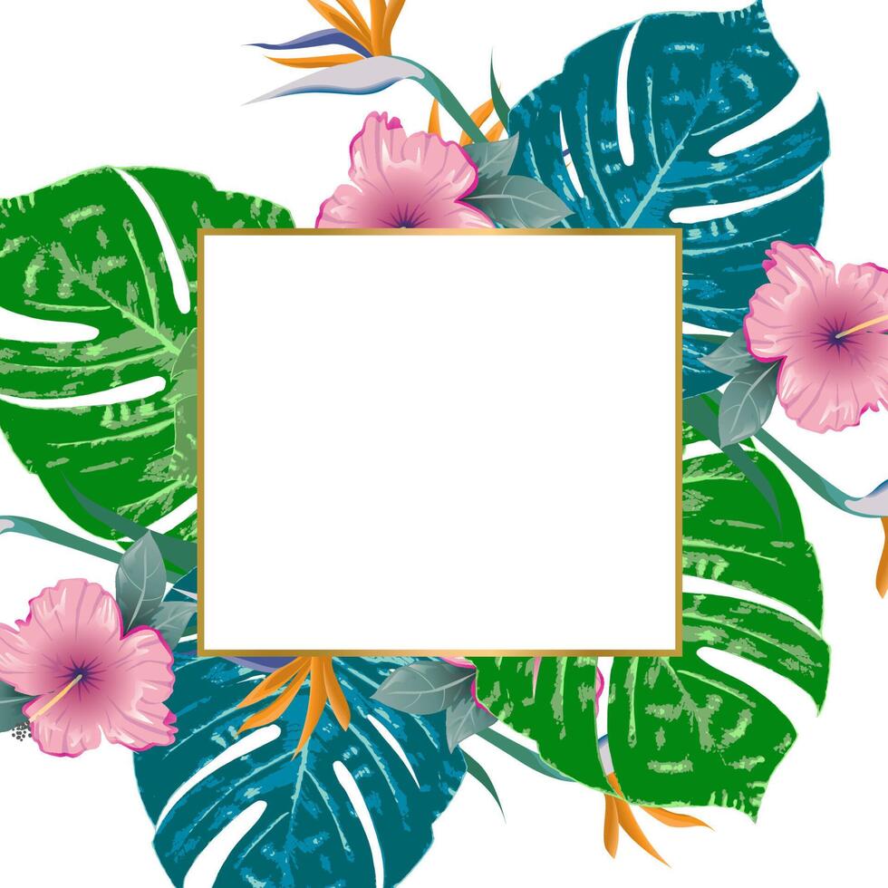 Tropical flowers and leaves with a square frame vector