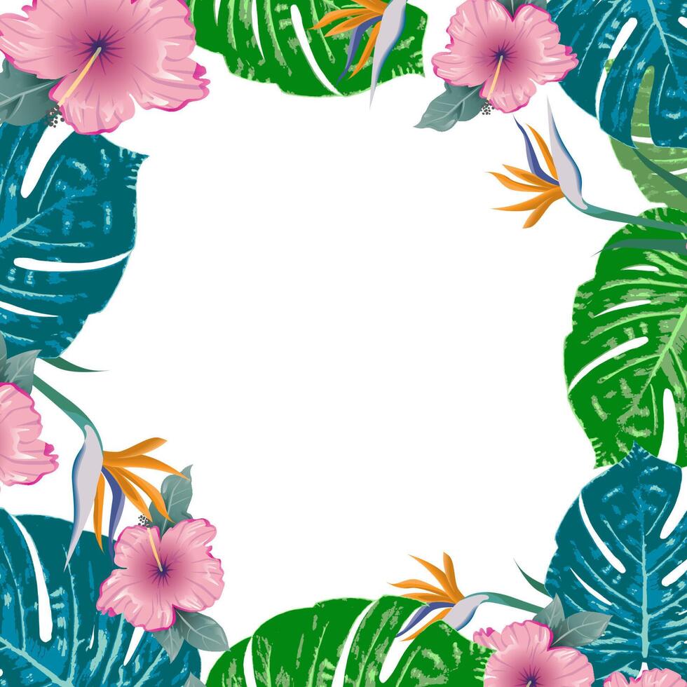 Tropical flowers and leaves in a square frame vector