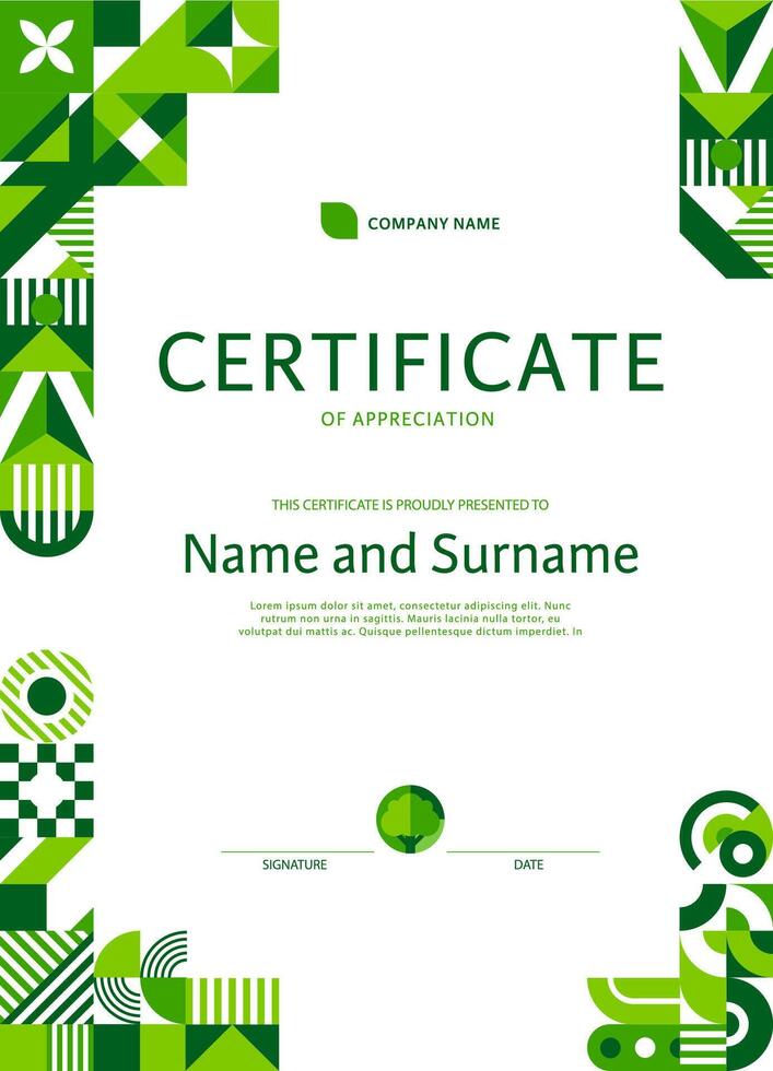 Vertical ecology certificate with green shapes vector