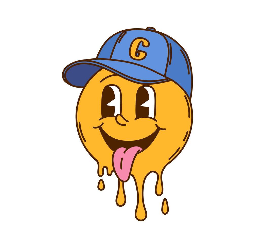 Cartoon groovy melt smile face wears sport cap vector