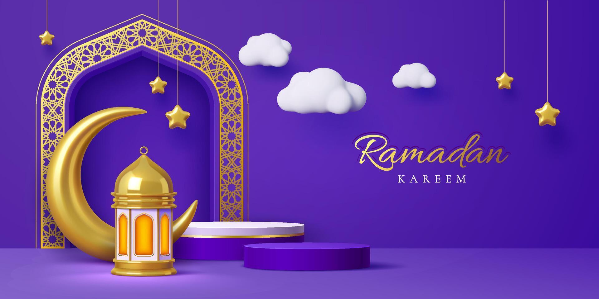 Ramadan Kareem podium with gold crescent moon vector