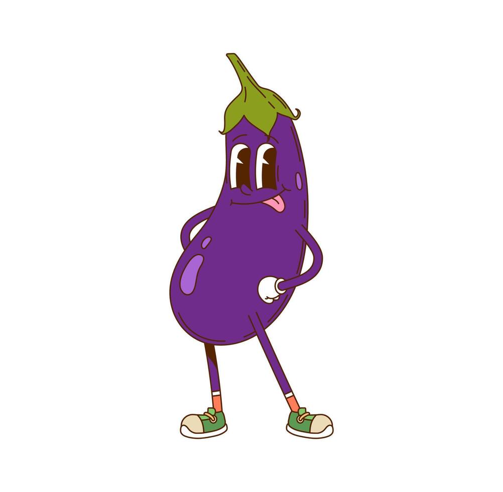 Cartoon groovy eggplant vegetable y2k character vector