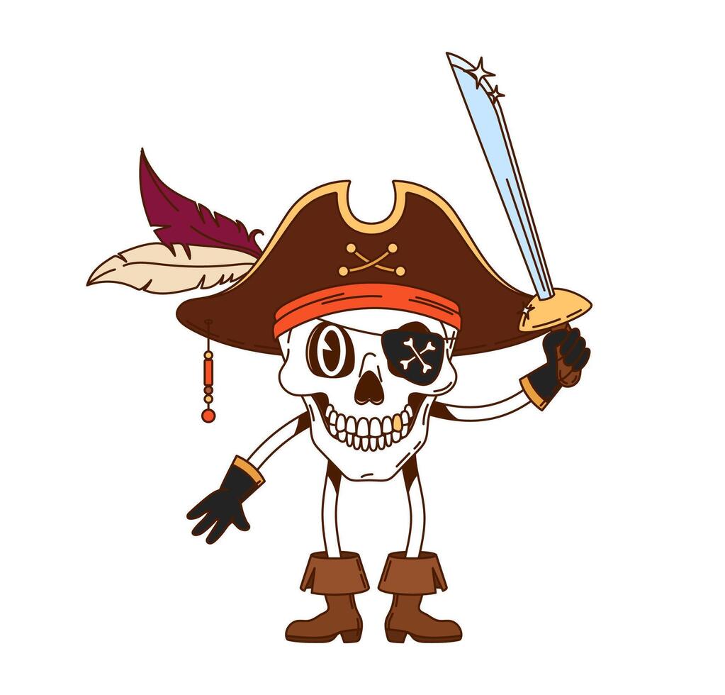 Cartoon groovy skull pirate, corsair and captain vector