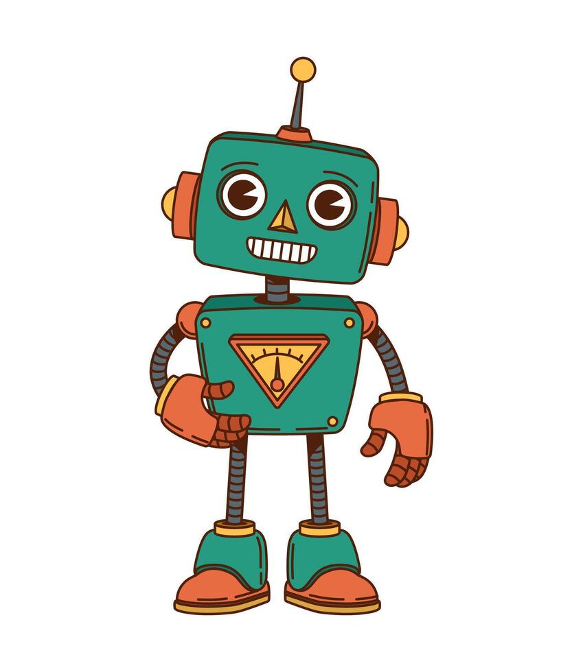 Boxy green robot and bot groovy happy character vector