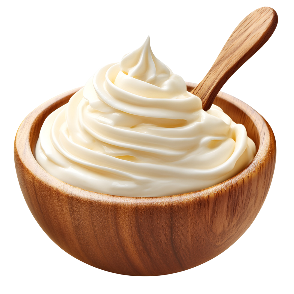 A bowl of whipped cream with a wooden spoon png