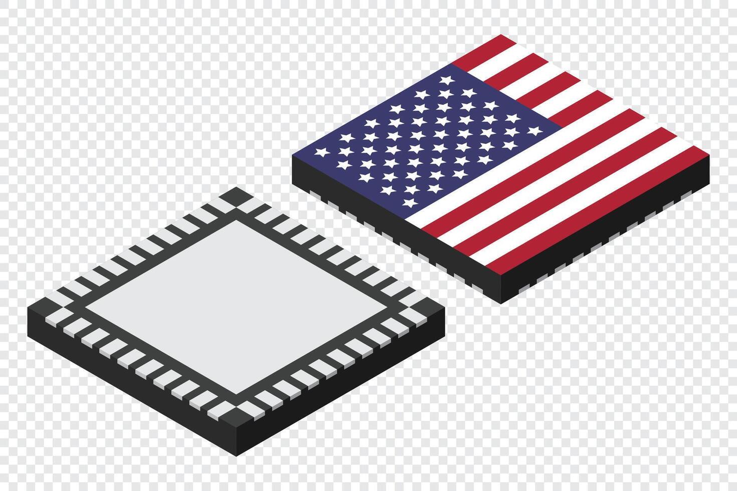 Microchip computer electronic component with USA flag. Microchip icon. Isometric microchip. Computer processor technology, Microprocessor vector