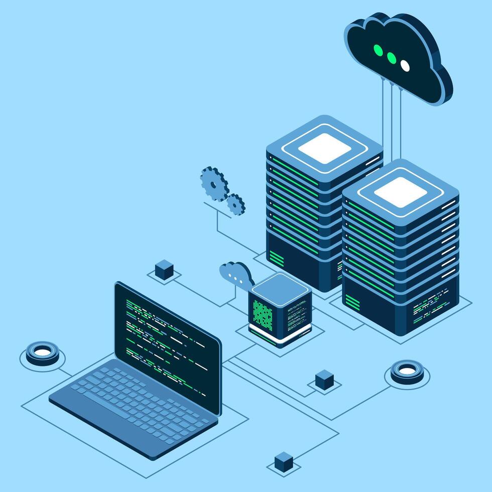 Computer technology isometric illustration. Computation of big data center. Cloud computing. Online devices upload and download information. Isometric technology, vector
