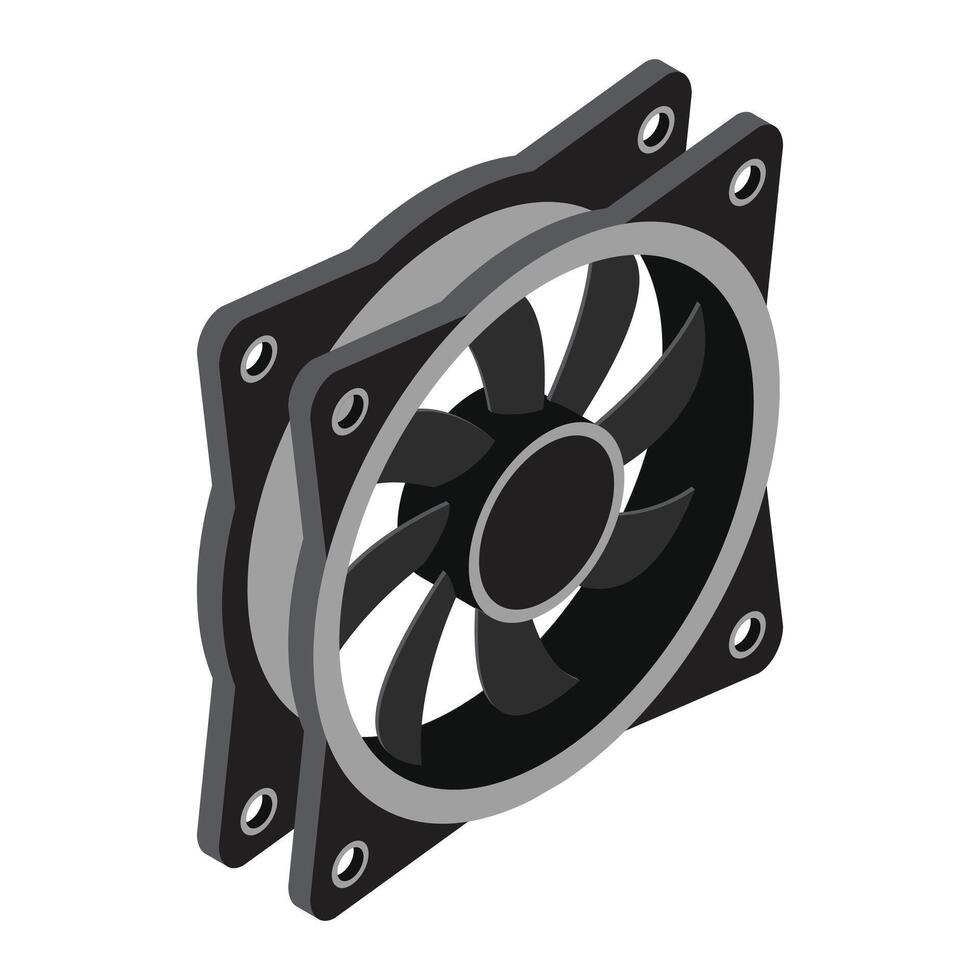 Isometric computer fan. Computer fan cooler. Isometric of PC case fan. Computer hardware components. illustration, vector
