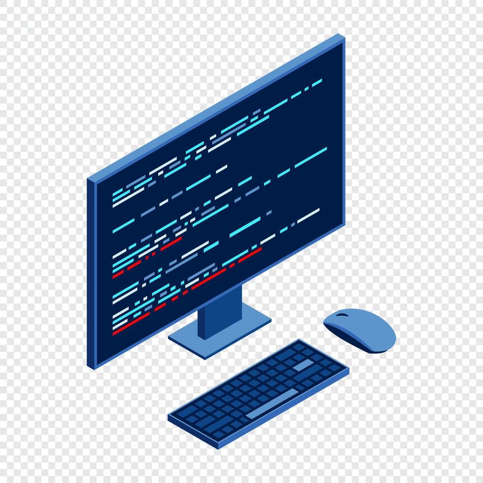 Isometric monitor with program code on screen. Computer programming with keyboard and mouse. Programming concept. Web development. Isometric technology vector