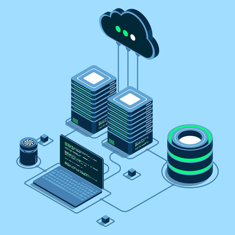 Cloud technology computing concept. Modern cloud technology. Data center isometric concept. Isometric cloud technology with data center. Web hosting concept. Isometric technology, vector