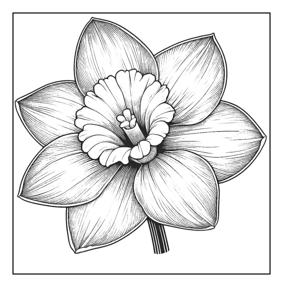 A black and white drawing of a daffodil png