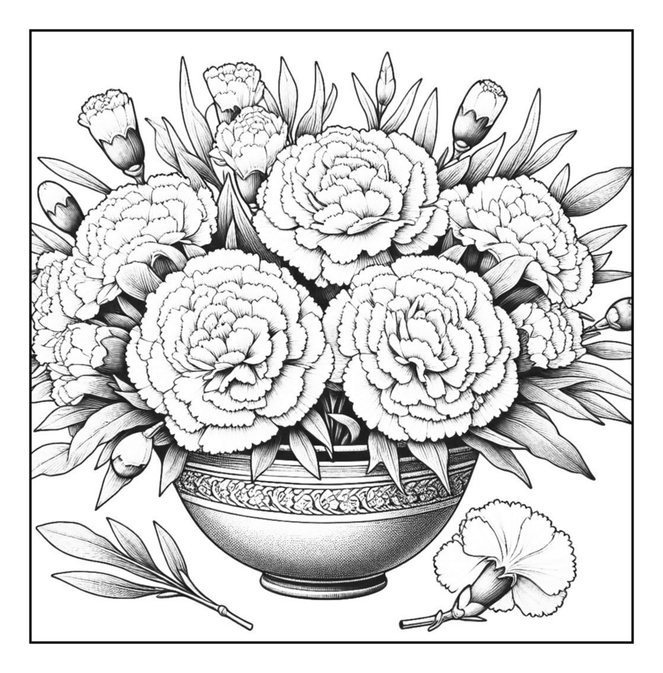 Coloring page of a vase with beautiful flowers png