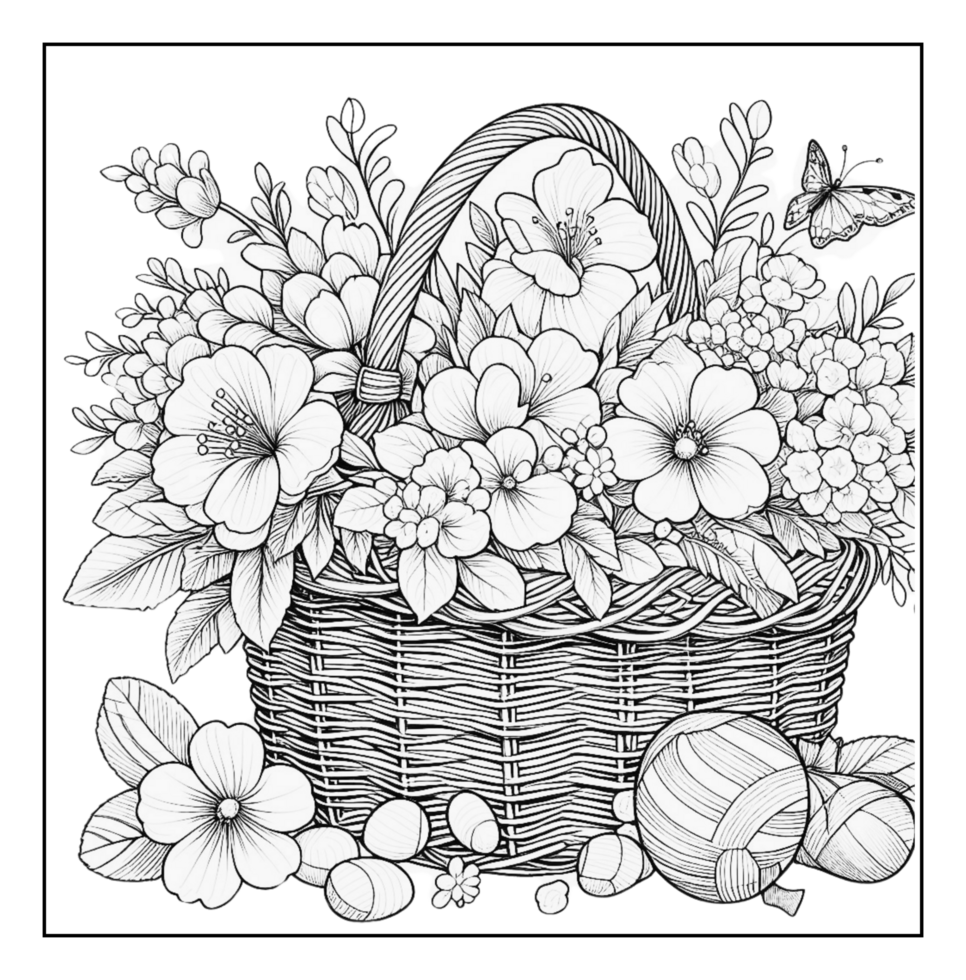 A basket full of flowers and nuts is shown in this coloring page png