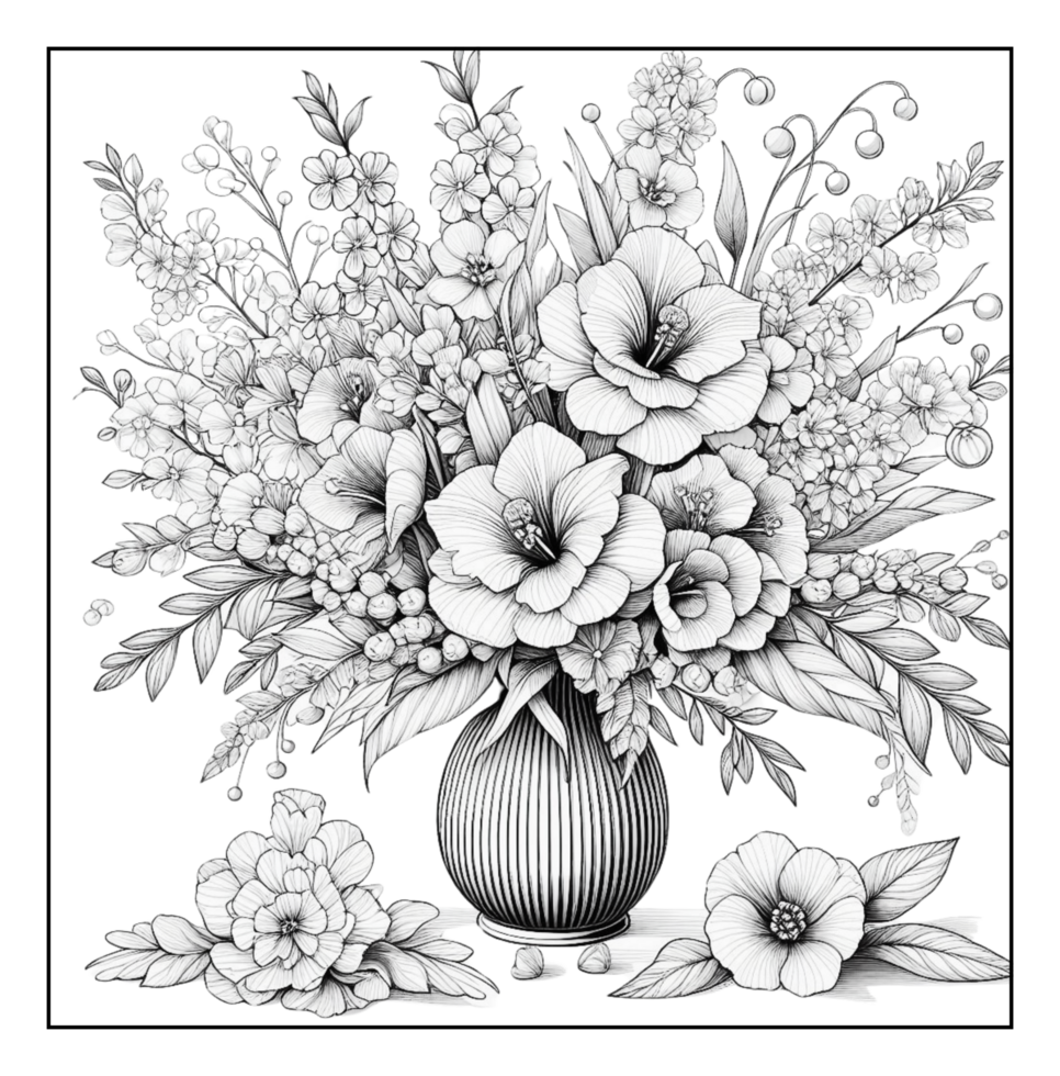 A black and white drawing of a vase with flowers png