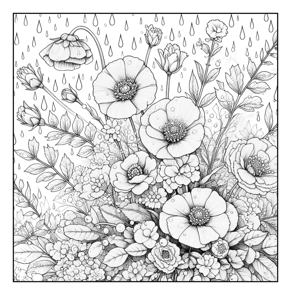 A black and white drawing of flowers in the rain png