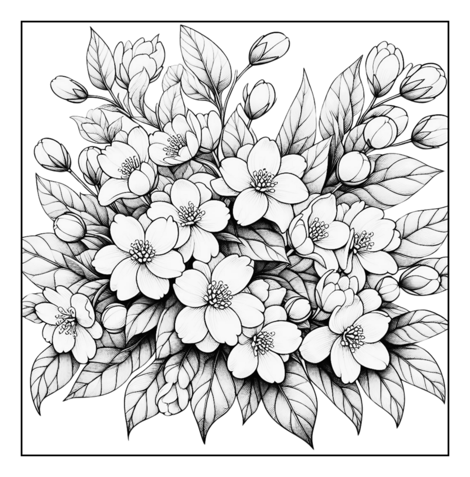 A black and white drawing of a bouquet of flowers png