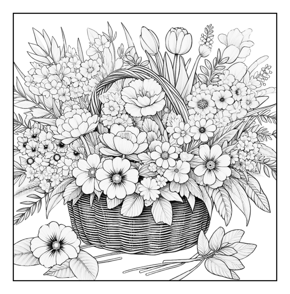 A coloring page with a basket full of flowers png