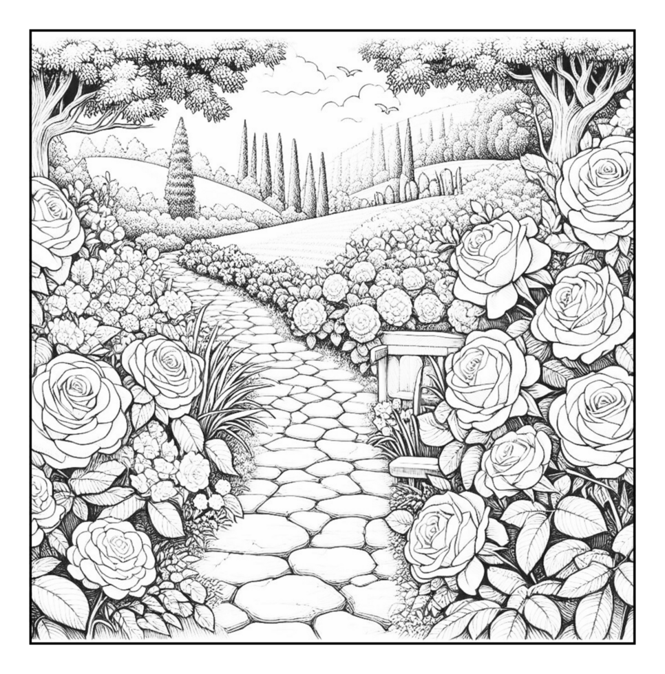 A black and white drawing of a path with roses png