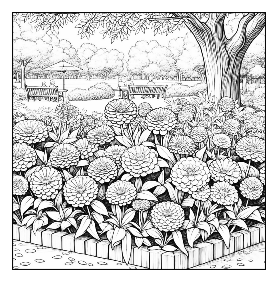 A black and white drawing of flowers in a garden png