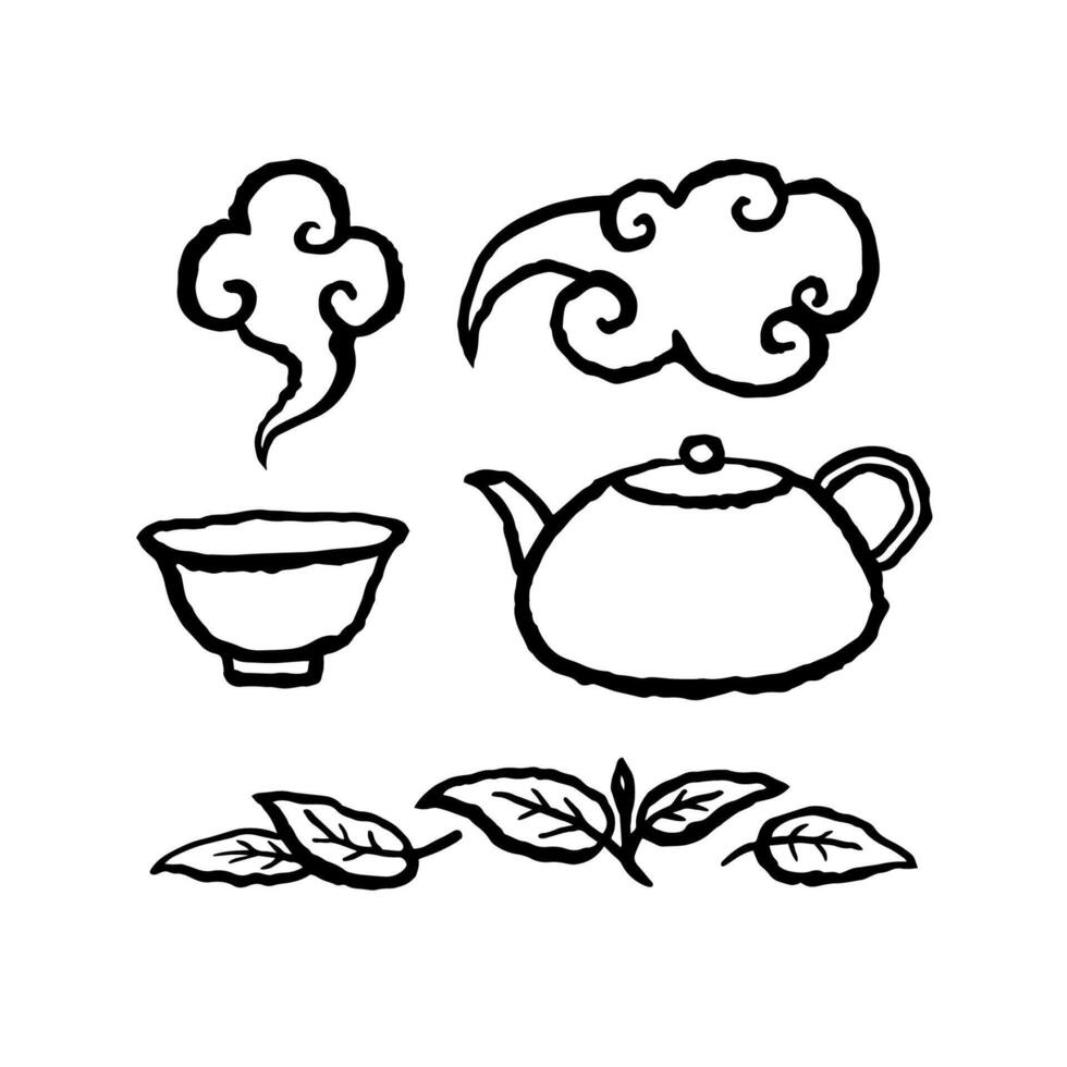 Asian tea set. Teapot and bowl, swirling clouds of steam and tea leaves. Ink hand drawn line illustration on white background. Traditional tea collection. Tea brewing process. vector