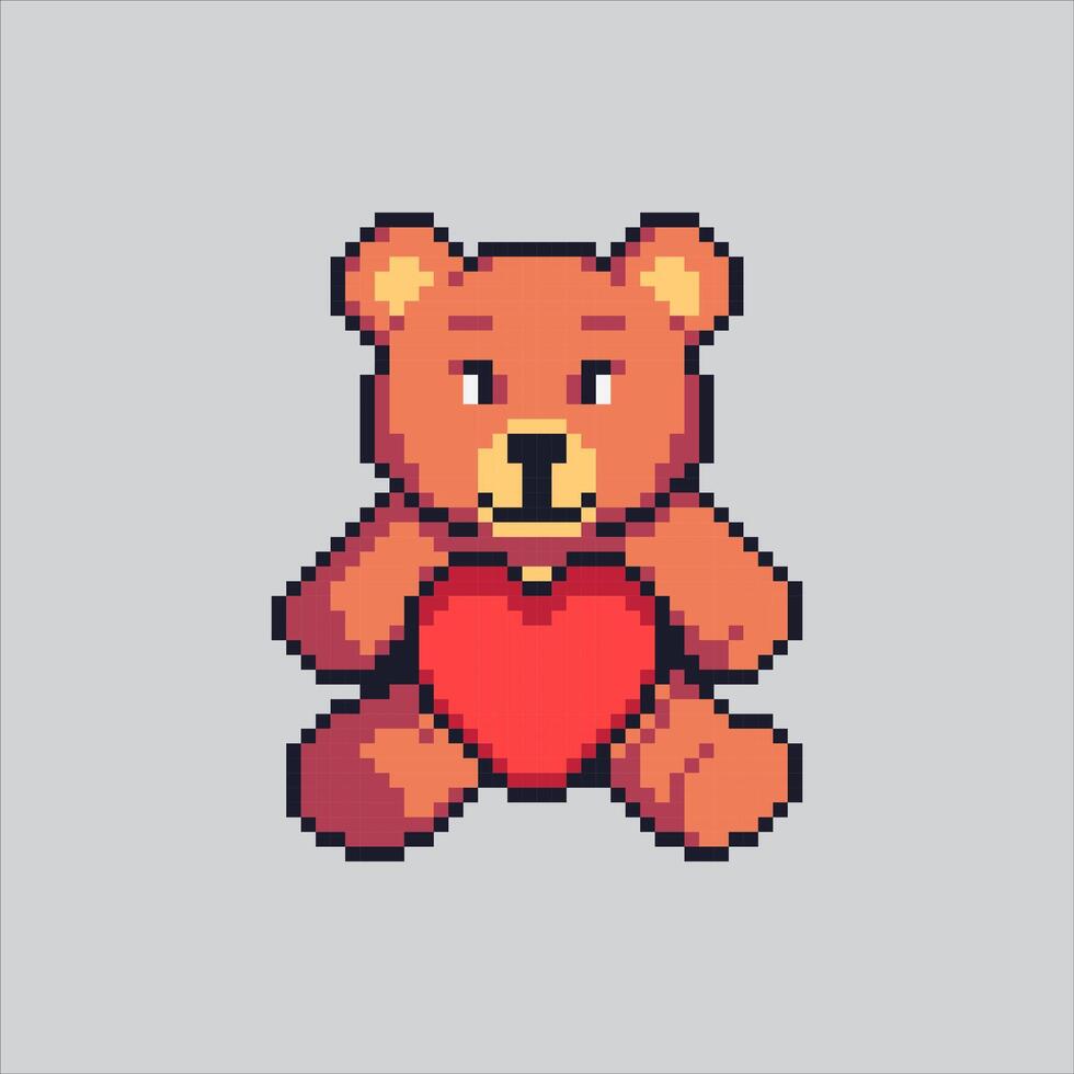 Cute Teddy Bear with heart Icon pixelated for the pixel art game and icon for website and game. old school retro. vector