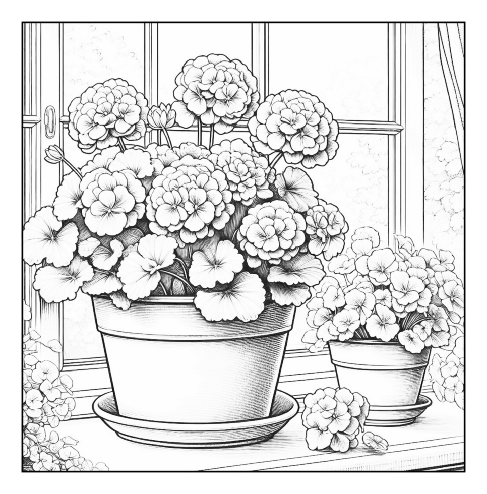 A coloring page with flowers in pots png