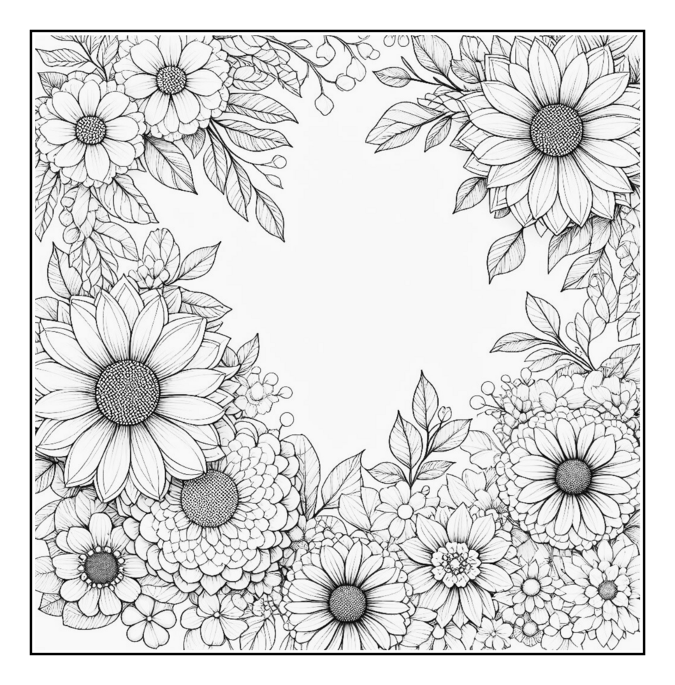 A coloring page with flowers and leaves png