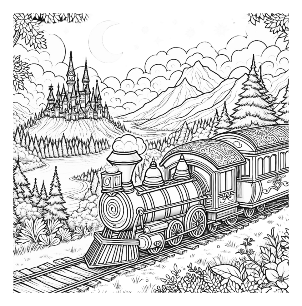 A black and white coloring page with a train and castle png