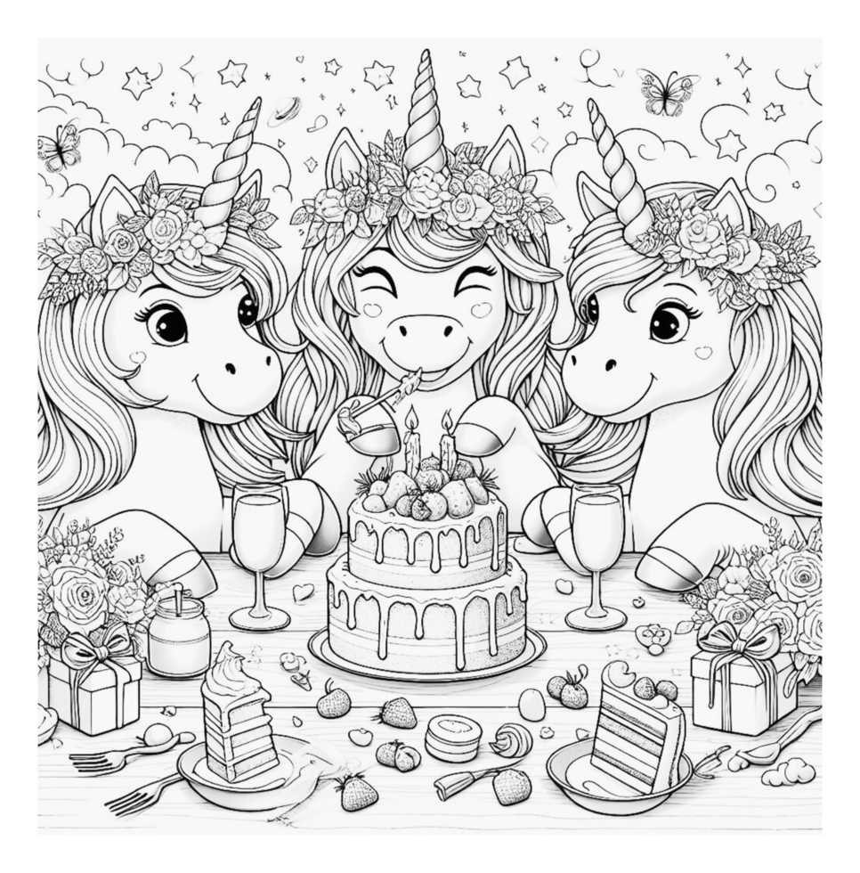 A coloring page with three unicorns and a cake png