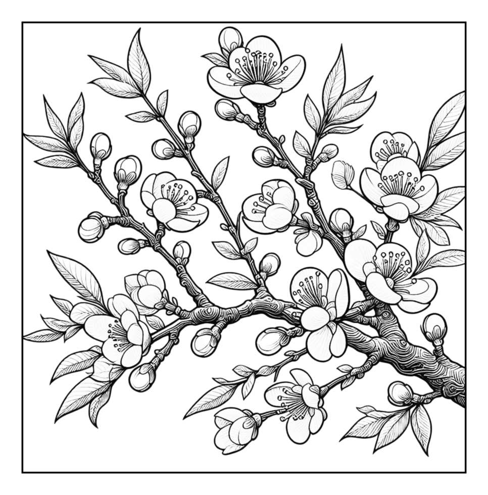 A black and white drawing of a branch with flowers png