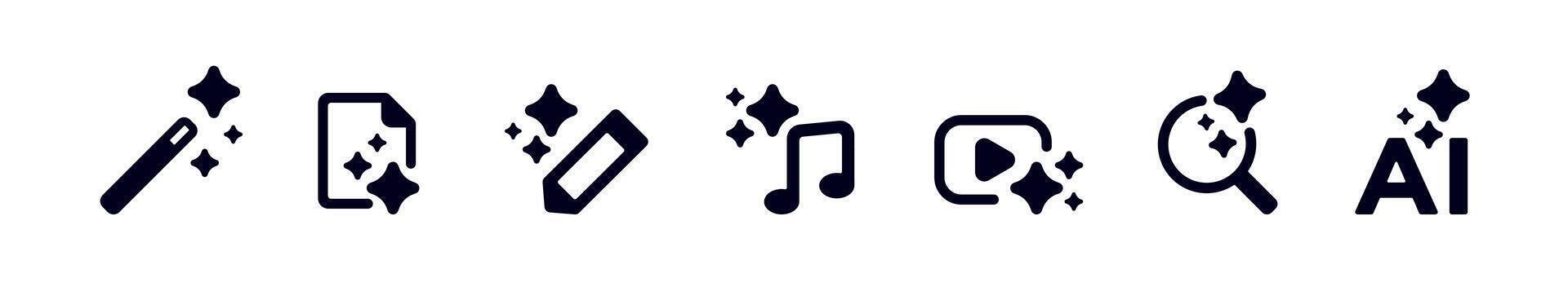 Ai intelligence icons for music and writing tools with magnifying glass and design symbols vector