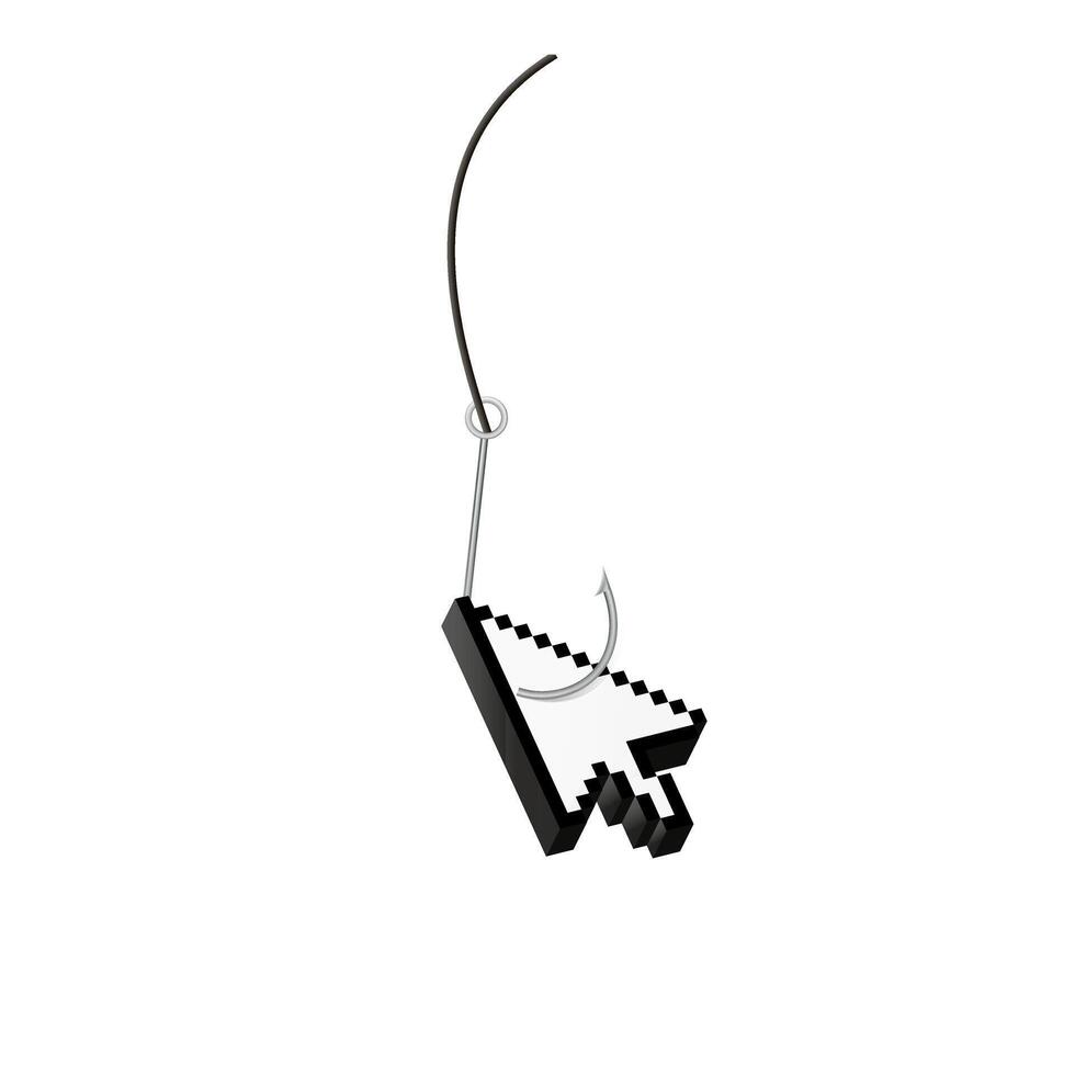 Pixelated hand icon on fish hook symbolizing online clickbait and internet traps vector