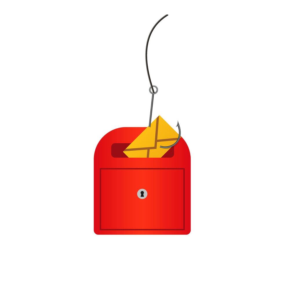 Email phishing concept with hooked red mailbox and yellow envelope illustration vector