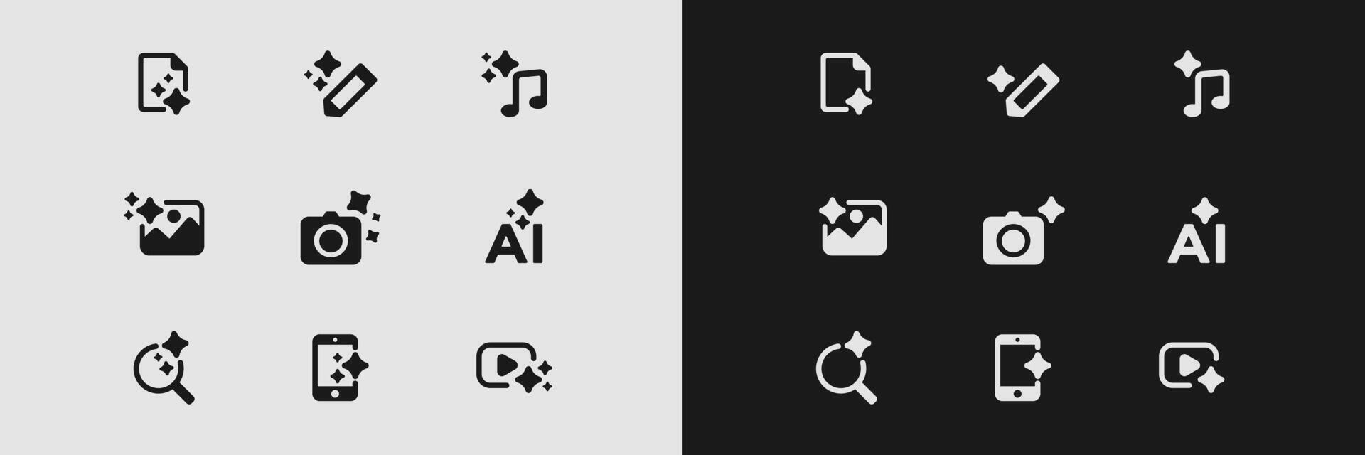 Ai-themed icons featuring tools like pencil music camera and more in black and white design vector