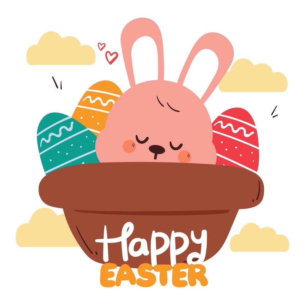 cute easter card design with bunny inside egg basket. easter drawing theme for card, wallpaper, background vector