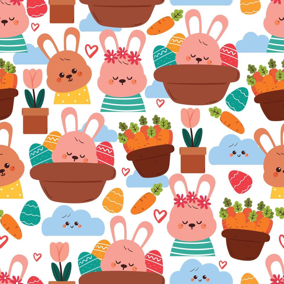 seamless pattern cute cartoon bunny with basket of carrot and egg. cute easter wallpaper, pattern, background vector
