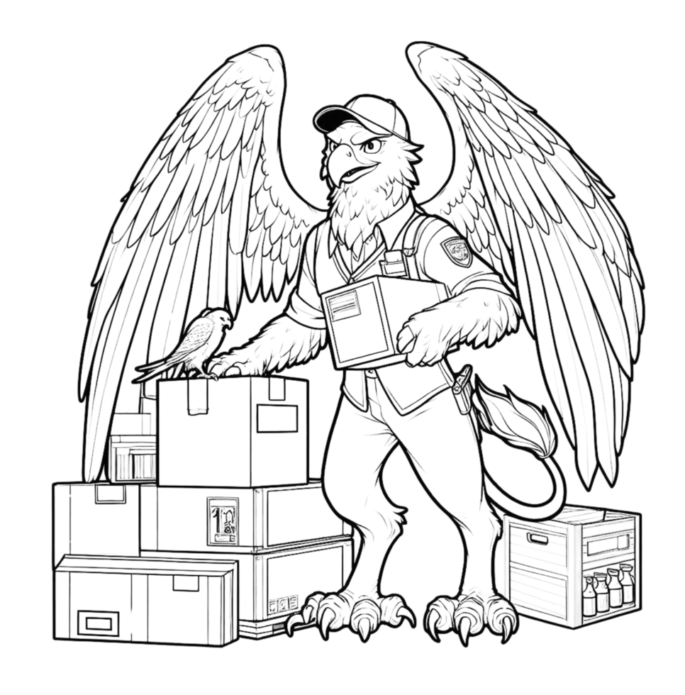 A black and white drawing of a bird with wings and a box png
