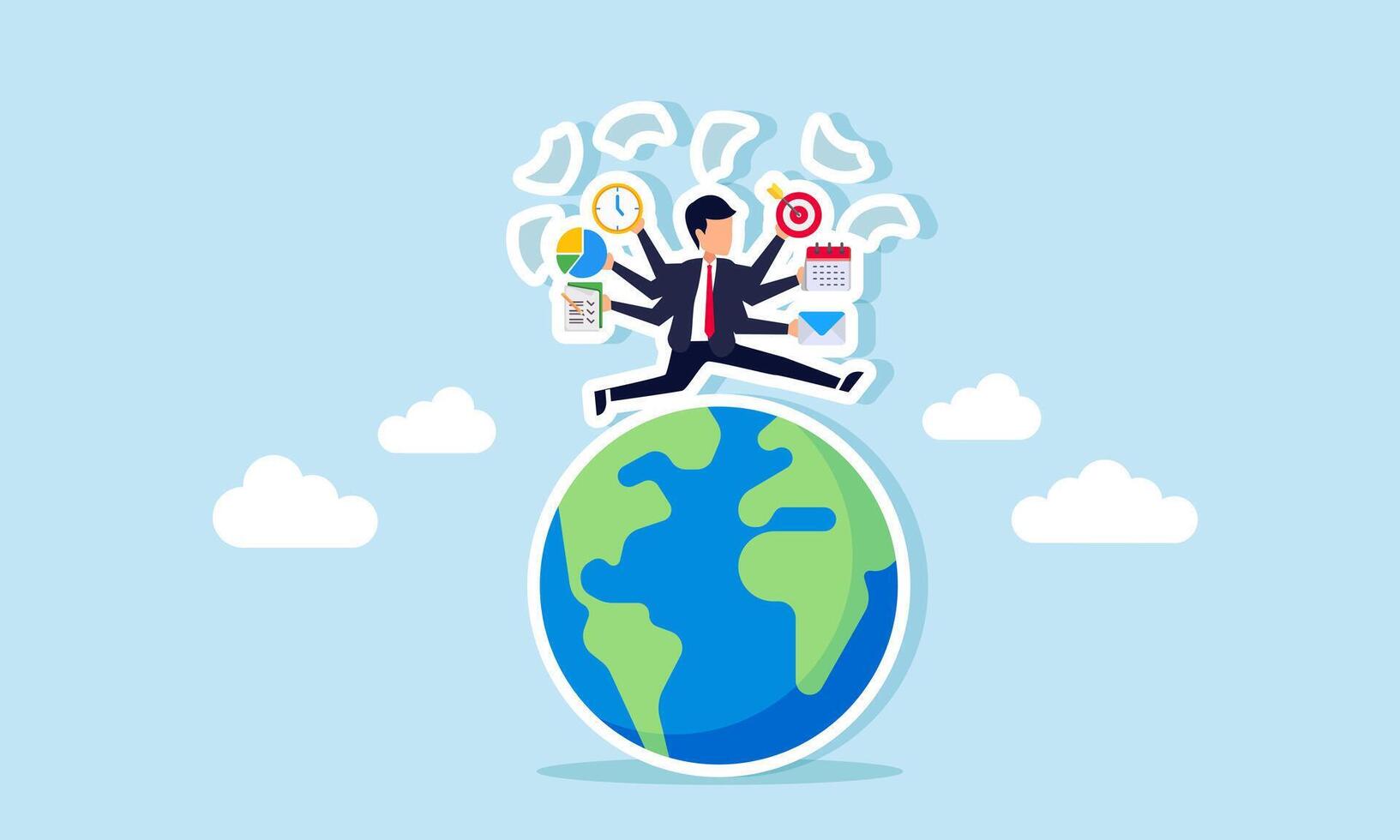 A businessman with multiple hands, each holding a work icon, runs around the globe, illustration of multitasking ability in covering business market areas vector