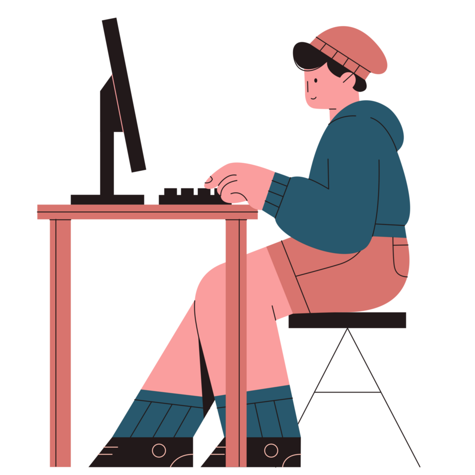 A person sitting at a desk with a computer png