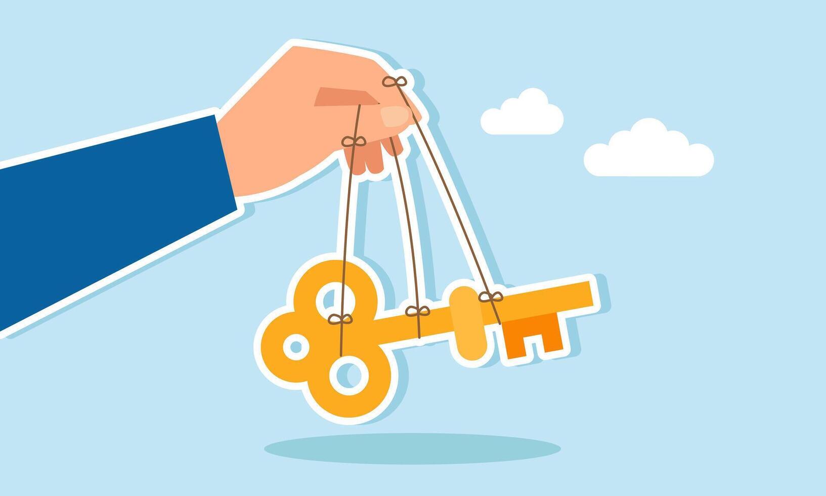 A hand manipulates a key using strings attached to fingers and the key, illustration of key control in business vector