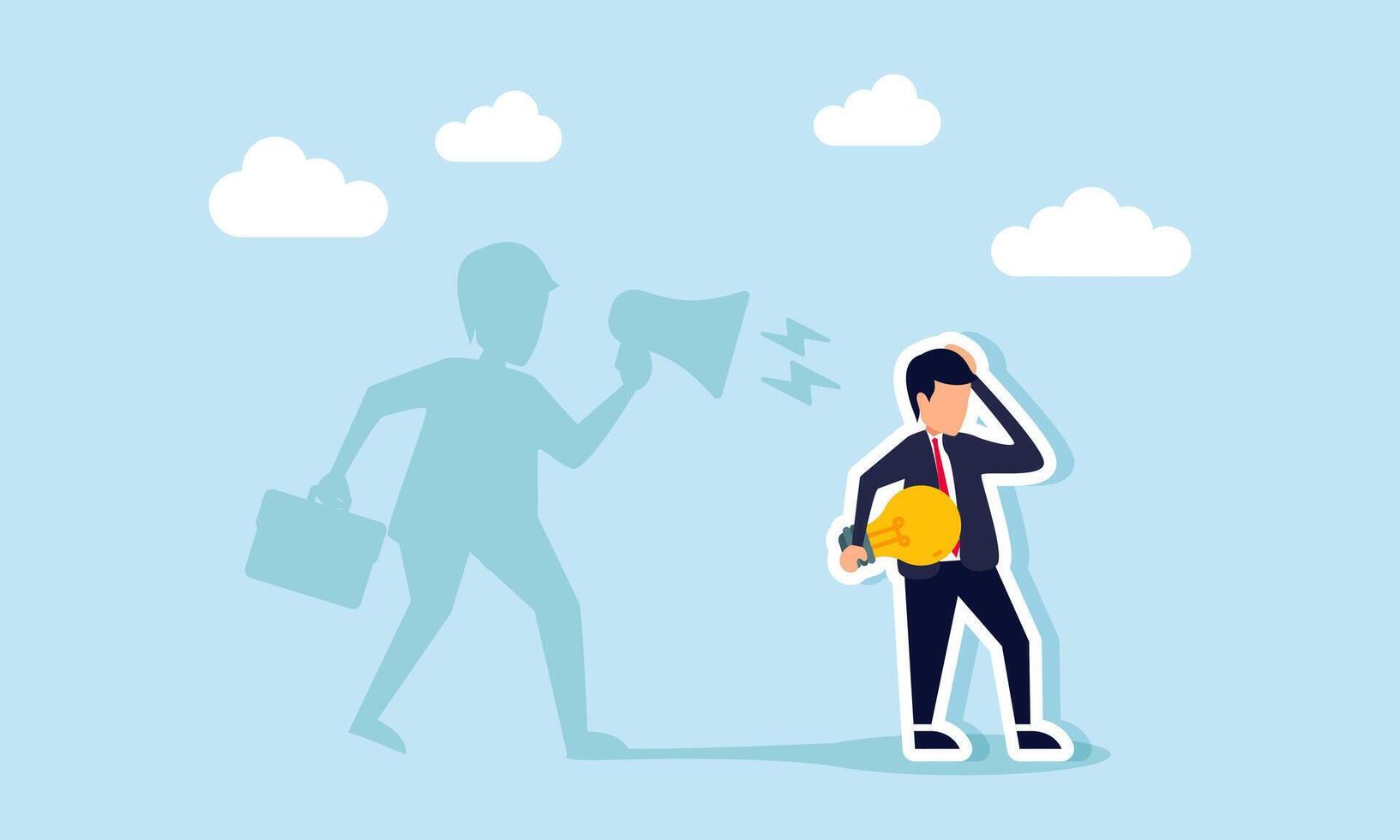 A sad businessman holds a lamp while his shadow behind him yells with a megaphone, illustration of lacking confidence in his idea and needing motivation vector