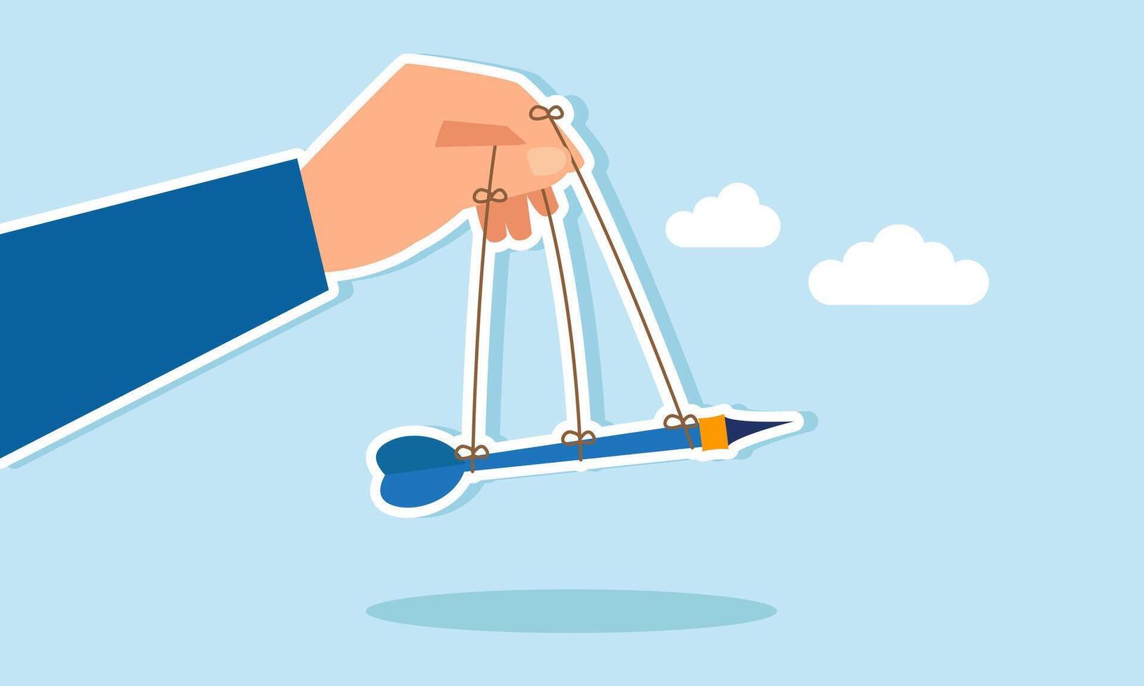 A hand manipulates an arrow using strings attached to fingers and the arrow, illustration of setting business vision and mission vector