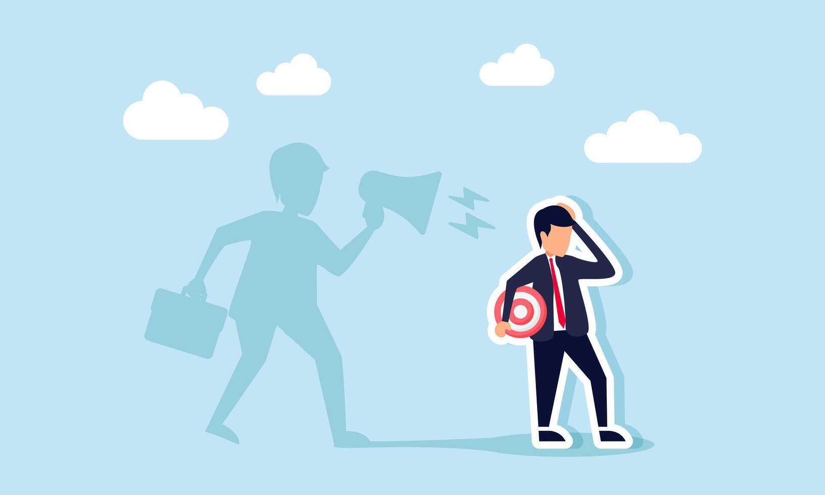 A sad businessman holds a target board while his shadow behind him yells with a megaphone, illustration of lack confidence in complete his work target and need motivation vector