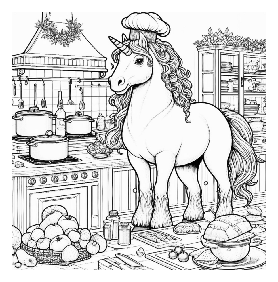 A coloring page with a unicorn in the kitchen png