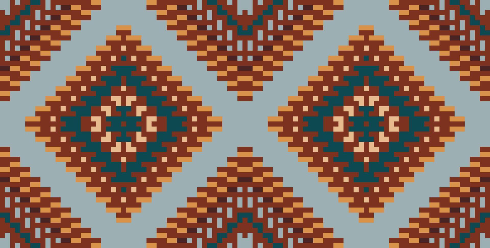 Aztec Pixel Double Ikat Patternfolk Embroidery, Aztec Geometric Ornament Print. Design for Carpet, Wallpaper, Clothing, Wrapping, Fabric vector