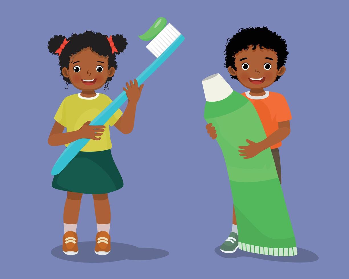 African kids boy and girl holding big toothbrush and toothpaste vector