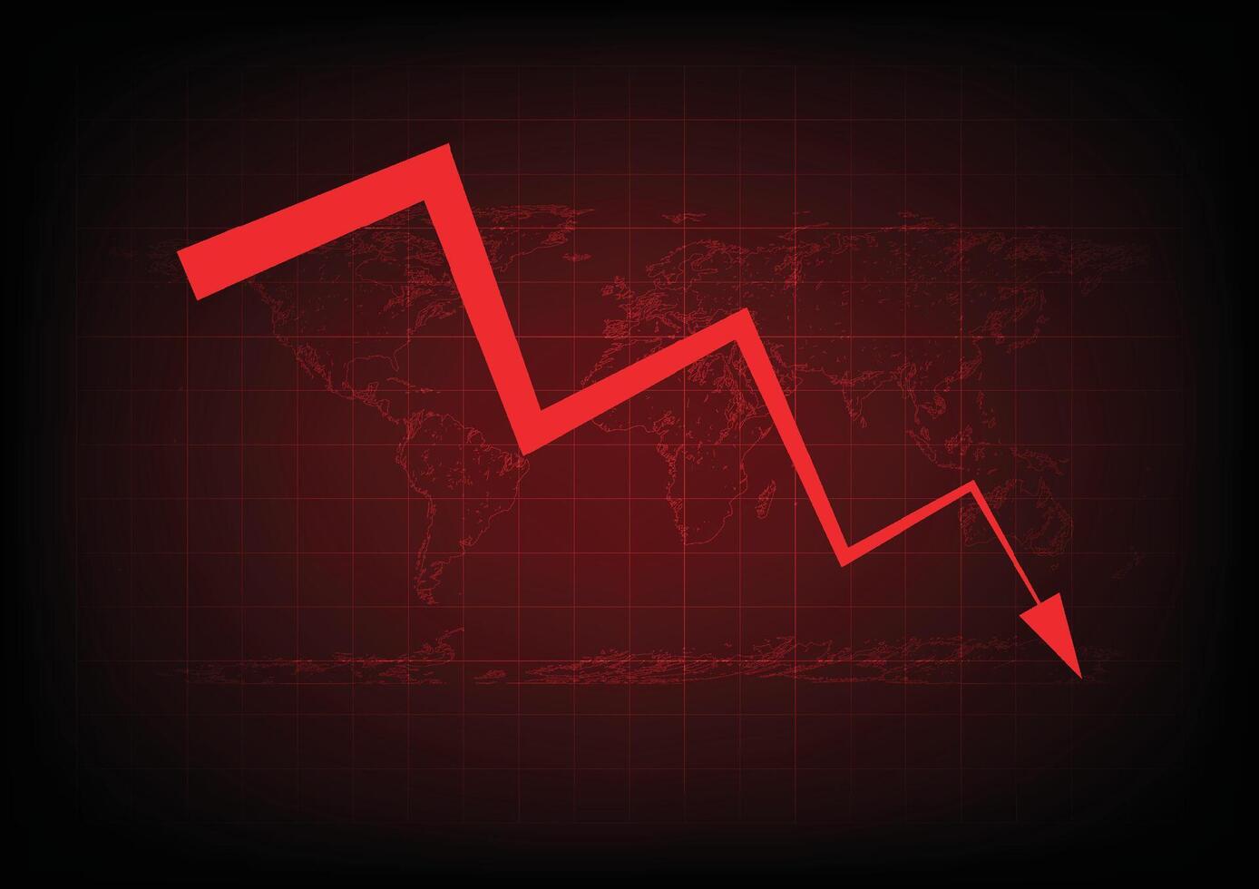 The down arrow on red world map background. Recession financial, cryptocurrency, gold, and the stock market. Losing money and cash. Bearish. vector